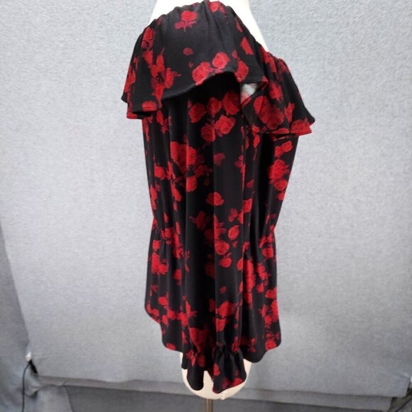 Womens Off-Shoulder Black & Red Floral Peplum Blouse - Picture 5 of 12